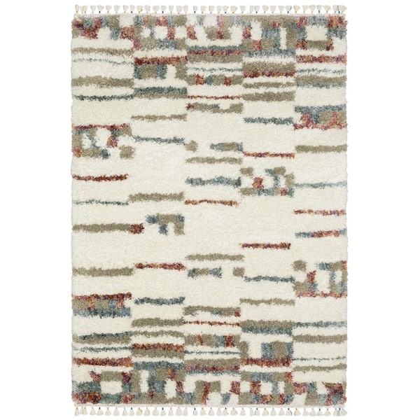 AVERLEY HOME Avalon Ivory/Multi-Colored 10 ft. x 13 ft. Abstract Stripe Polypropylene Shag Tassel Indoor Area Rug