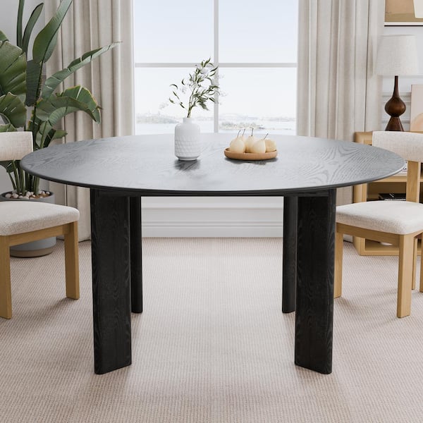 Dovelina 59 in. Natural Oak Wood Black Color 4 Legs Round Kitchen Table Dining Table Seats 8