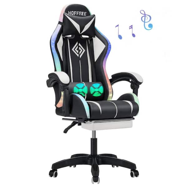 Hoffree White-Black PVC Leather Massage LED Reclining Gaming Chair with Bluetooth Speaker with Footrest Headrest Lumbar Support