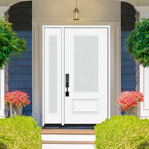 Legacy 51 in. x 80 in. 3/4-Lite Rain Glass RHIS White Primed Fiberglass Prehung Front Door with 12 in. SL