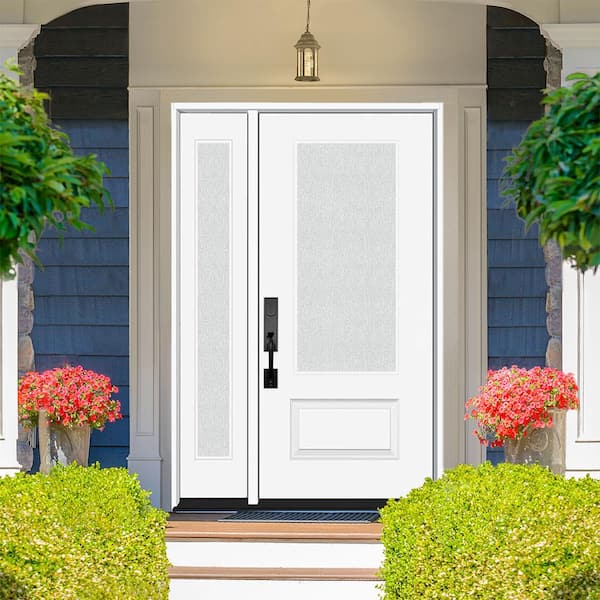 Legacy 51 in. x 80 in. 3/4 Lite Rain Glass RHIS White Finish Fiberglass Prehung Front Door with 12 in. SL