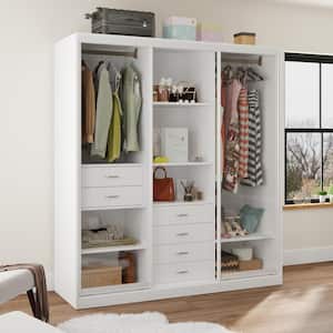 White Wooden 70.8 in. W Bedroom Wardrobe, Armoires with 6 Drawers 6-Shelves and 2 Hanging Bars for Clothes Storage