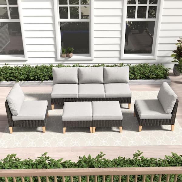 Gymojoy Chic Relax Brown 7-Piece Wicker Outdoor Sectional with Beige Cushions
