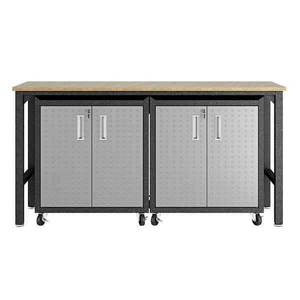 Manhattan Comfort Fortress 37.6 in. H x 72.4 in. W x 20.5 in. D Mobile Space-Saving Steel Garage Cabinet and Worktable in Grey (3-Piece)