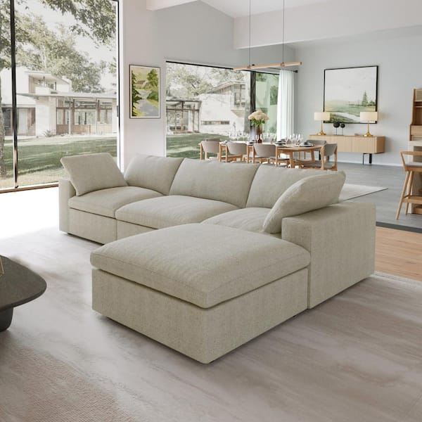 J&E Home 120.45 in. Square Arm 4-Piece Velvet L-Shaped Oversized Modular Sectional Sofa in Light Brown with Ottoman
