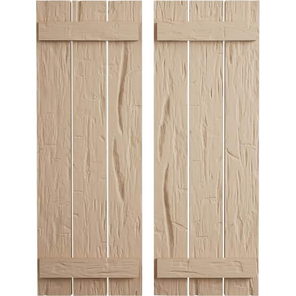 Ekena Millwork 17.5 in. x 44 in. Timberthane Polyurethane 3-Board Spaced Board-n-Batten Hand Hewn Faux Wood Shutters Pair