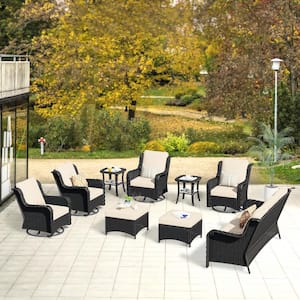 Janus Brown 9-Piece Wicker Patio Conversation Seating Set with Beige Cushions and Swivel Chairs