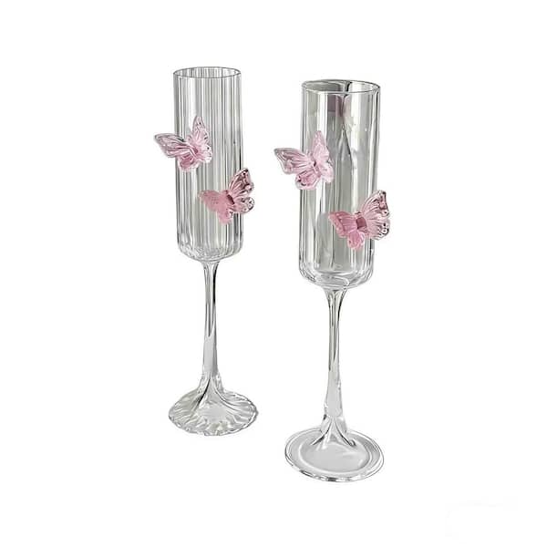 2-Piece 6 oz. Lead-Free Glass 3D Pink Butterfly Smooth Style Wine Champagne Glasses for Wine Cocktails