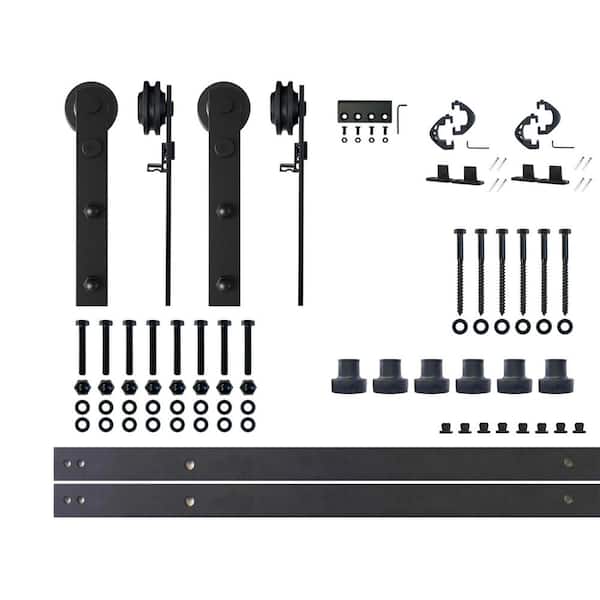 9 ft./108 in. Black Rustic Non-Bypass Sliding Barn Door Hardware Kit Straight Design Roller for Double Doors