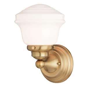 Huntley 6.75 in. W 1 Light Vanity Light Gold Brass Farmhouse Bathroom Wall Fixture White Schoolhouse Glass