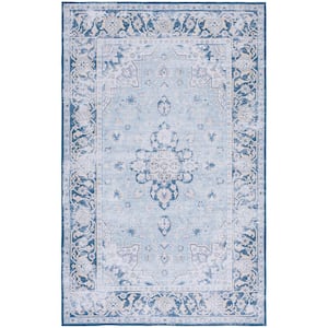 Tuscon Light Blue/Navy 5 ft. x 8 ft. Machine Washable Distressed Floral Border Area Rug