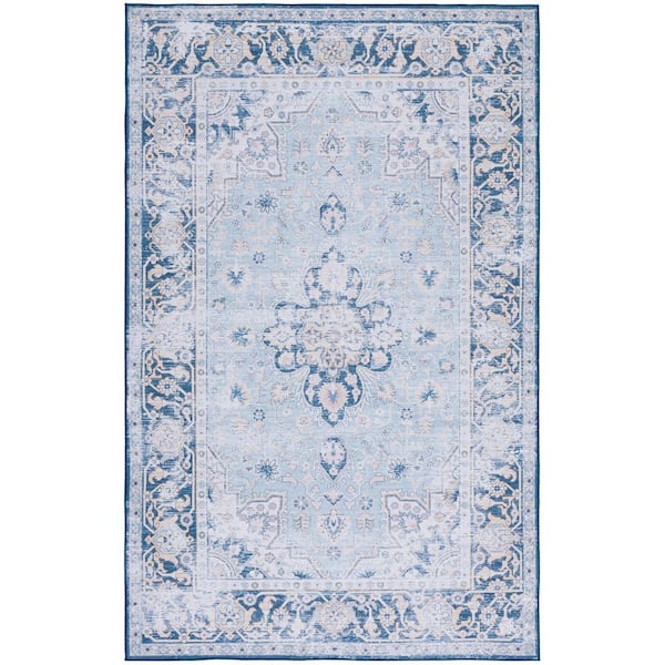 Tuscon Light Blue/Navy 8 ft. x 10 ft. Machine Washable Distressed Floral Border Area Rug