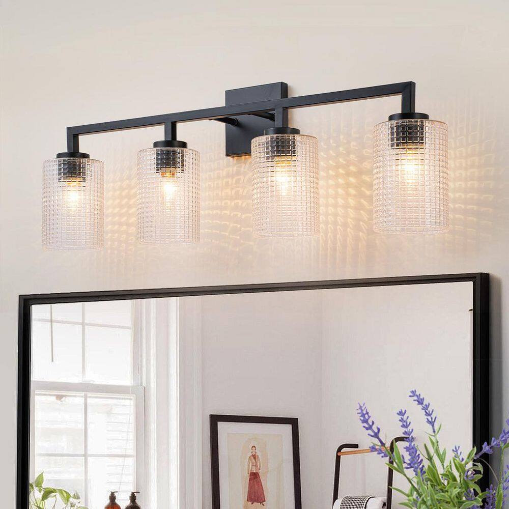 30.7 in. 4-Light Matte Black Bathroom Vanity Light with Clear Prismatic Glass Shades price history on PriceWatchPro