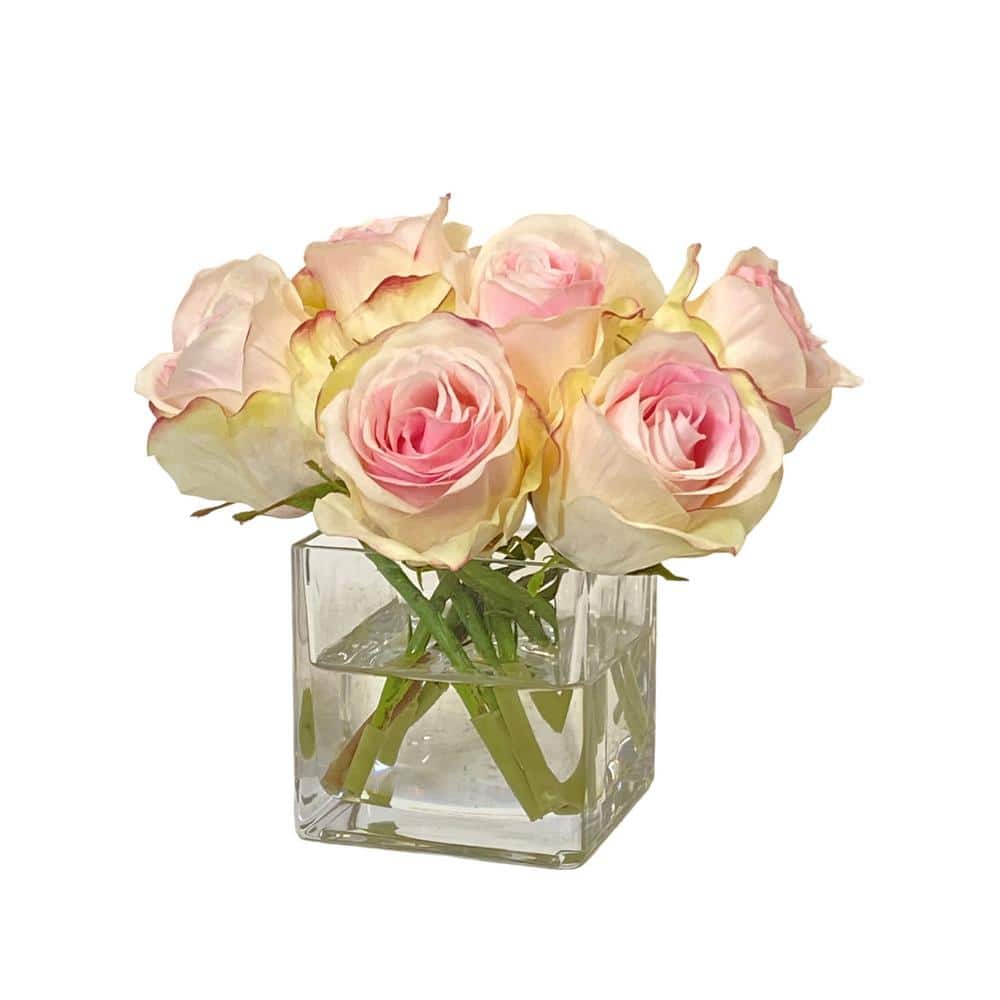 6.5 in. Pink Indoor Artificial Rose Bud in Square Glass