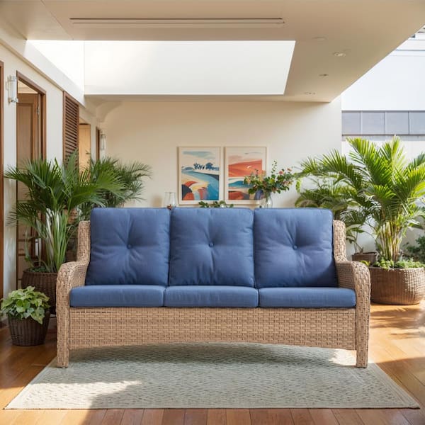3-Seat Yellow PE Wicker Outdoor Couch with Blue Cushions and Curved Arm Design
