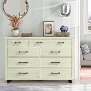 Modern Farmhouse Saw Cut Off White 9 Drawer 64 in. Wide Chest of Drawer with Metal Legs