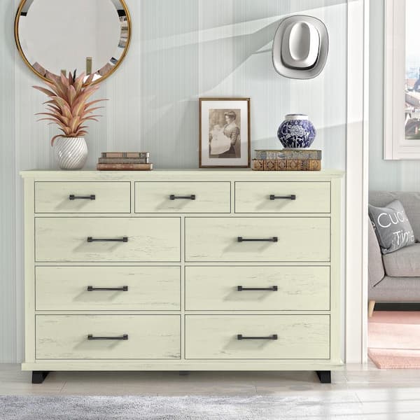 FESTIVO Modern Farmhouse Saw Cut Off White 9 Drawer 64 in. Wide Chest of Drawer with Metal Legs