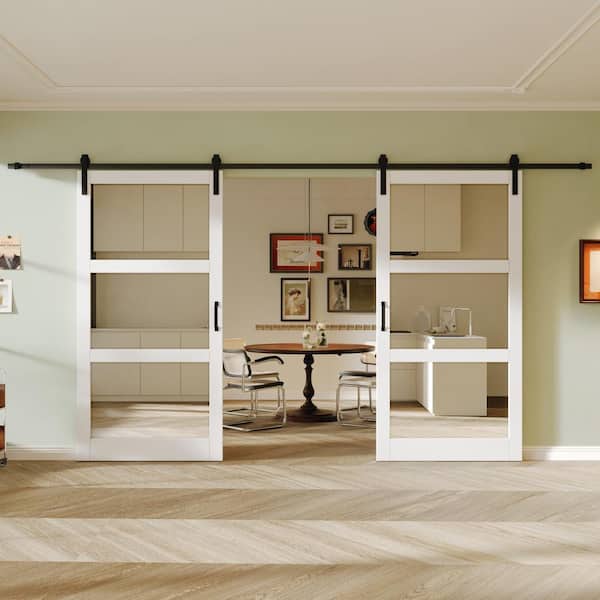 84 in. x 84 in. 3-Lite Mirrored Glass White Finished Composite MDF Barn Door Slab with Hardware Kit