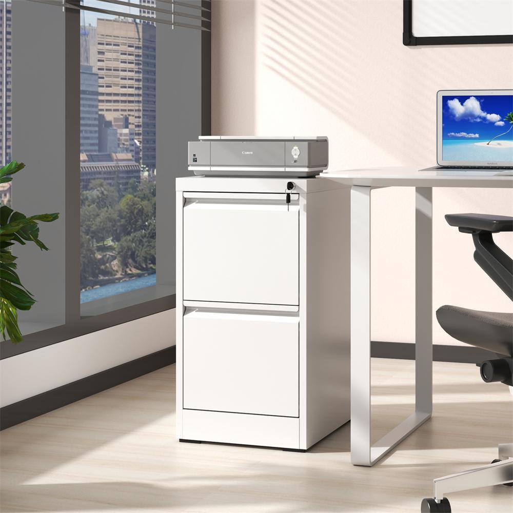 White 29 in. H Metal Office Storage Cabinet Steel Vertical File Cabinet with Lock and 2-Drawers