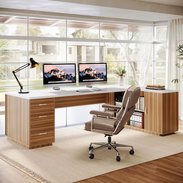 BYBLIGHT Capen 85.8 in. L-Shaped White & Walnut Wood Executive