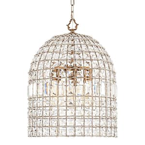 Cristal 16 in. W 3-Light Antique Brass Unique Cage Dome Chandelier Retro Pendant with Crystal Accents for Living Room