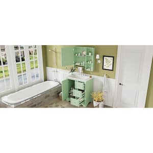 29.96 in. W Single Sink Bath Vanity in Green with White Ceramic Top, 3 Drawers, Adjustable Shelves and Mirror Cabinet