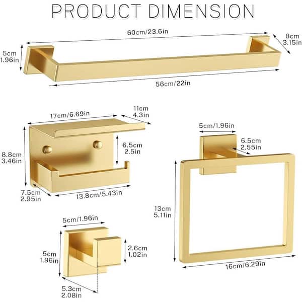 5-Piece Modern Simple Series Wall-Mounted Bathroom Hardware Set, Towel Bar for Bathroom 23.6 in. Towel Bar in Gold