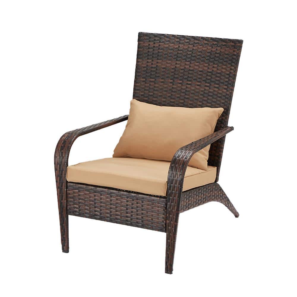 Brown Wicker Outdoor Lounge Chair with Khaki Cushion