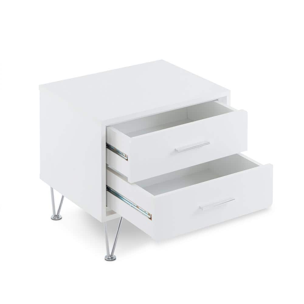 White and Chrome 2-Drawer Nightstand with V-Shaped Metal Legs