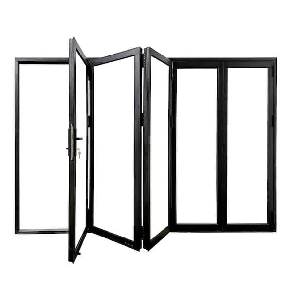 Teza 88 Series 144 in. x 80 in. Matte Black Left to Right Folding Aluminum Bi-Fold Patio Door