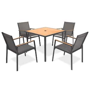 5-Piece Sling Square Slatted Outdoor Dining Set with Black Sling