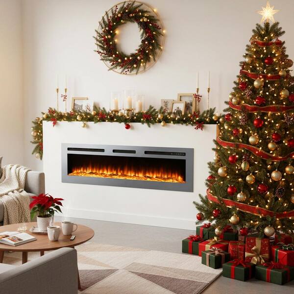 60 in. Stainless Steel Wall Mounted Electric Fireplace with Remote Control in Silver