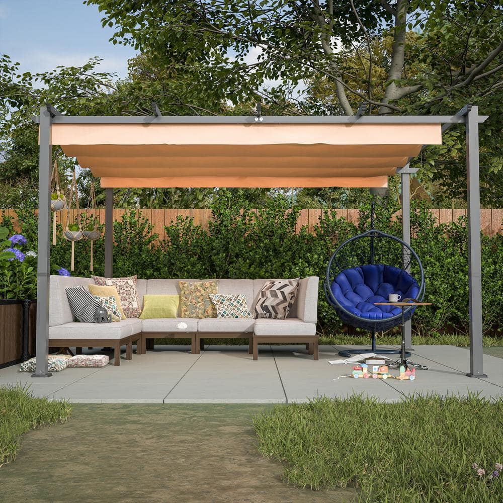 Khaki 10 ft. x 13 ft. Aluminum Patio Pergola with Retractable Canopy, Pergo