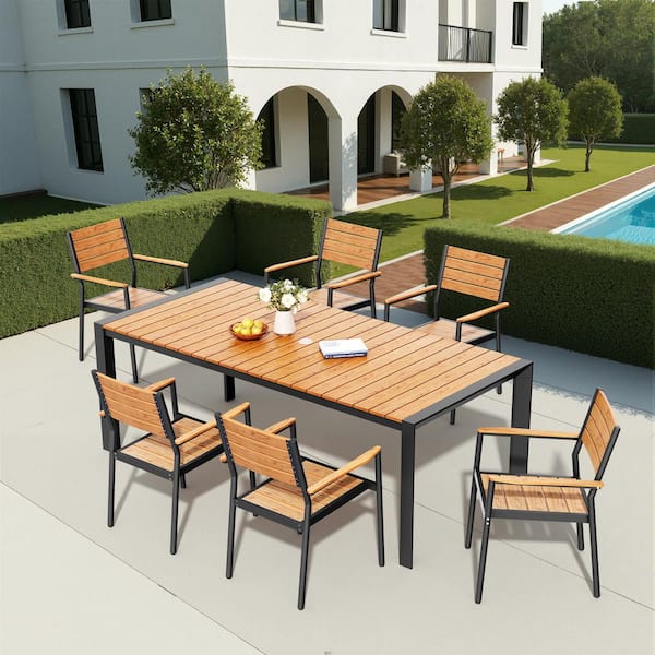 Pellebant Brown 7-Piece 71 in. Rectangular Aluminum Wood-Like Patio Outdoor Dining Set with Stackable Armchairs and Umbrella Hole