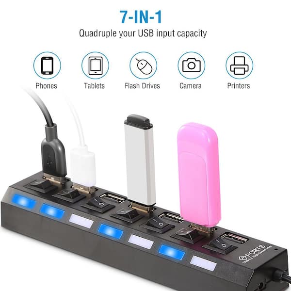 Etokfoks 7 Port USB 2.0 High Speed Multiport USB Hub with Individual Switches and LEDs