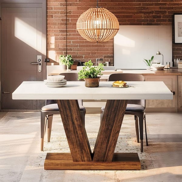 BYBLIGHT Rustic Farmhouse White & Brown Wood 47 in. Pedestal Dining Table Seating 2-4, Small Apartment