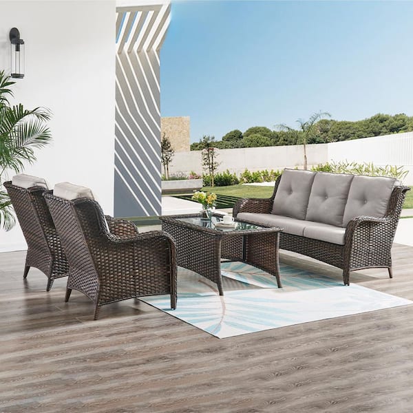 Pocassy 4-Piece Wicker Outdoor Patio Seating Conversation Set Sectional Sofa Glass Coffee Table with Beige Cushions