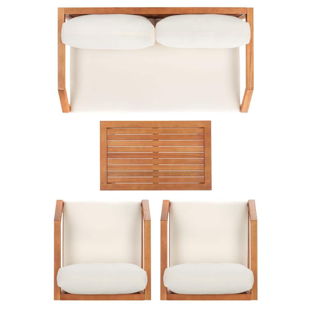 Natural Eucalyptus Wood 4-Piece Outdoor Living Set with Beige Cushions