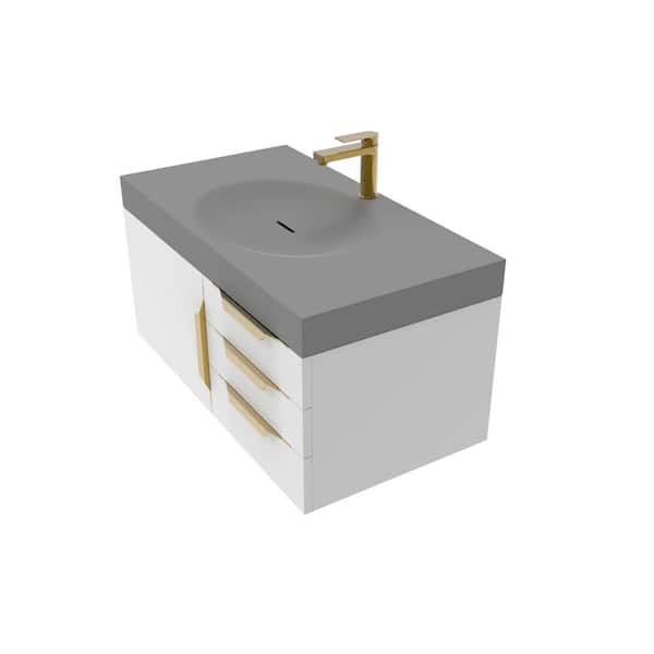 castellousa Thames 36 in W x 19 in D x 1625 H Single Floating Bath Vanity in Matte White in Gold Trim with Solid Surface Gray Top