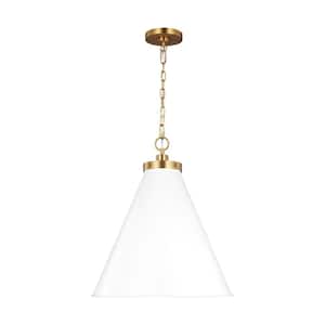 Wellfleet 19.5 in. W x 22.625 in. H 1-Light Matte White/Burnished Brass Large Cone Pendant Light with Metal Shade