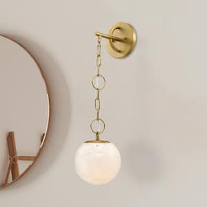 Wine Flower 7 in. 1-Light Brushed Gold Wall Sconce with White Art Glass Shade and Adjustable-Length Chain for Bathrooms