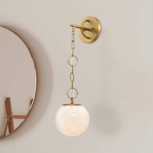 Wine Flower 7 in. 1-Light Brushed Gold Glam Wall Sconce with White Art Glass Shade