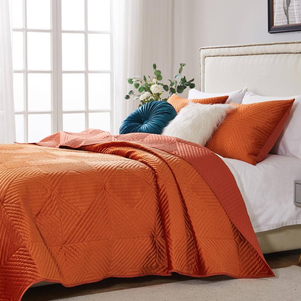 Burnt Orange Velvet Geometric Full/Queen Quilt Set
