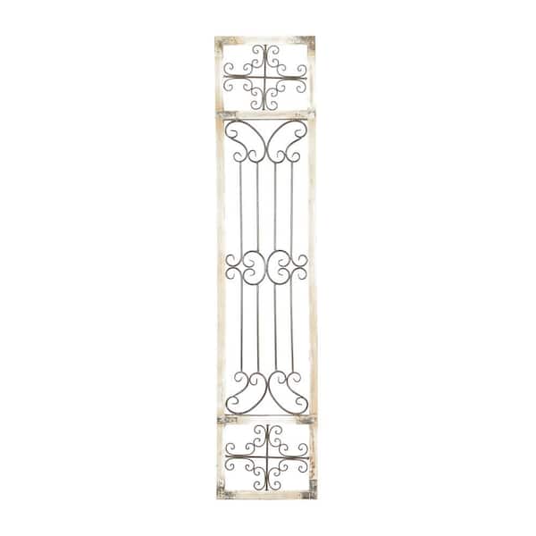 Litton Lane 16 in. x  72 in. Wood Cream Distressed Ornamental Panel Scroll Wall Decor with Bronze Metal Wire Details