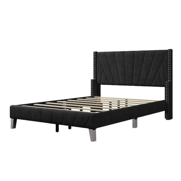 Unbranded Black Velvet Upholstered Frame Full Platform Bed with Channel Tufting and Nailhead Trim
