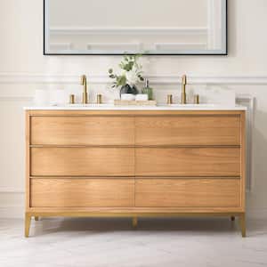 60 in. W x 22 in. D x 35 in. H Double Sink Solid Wood Bath Vanity in Light Oak with Carrera White Quartz Top, Soft-Close