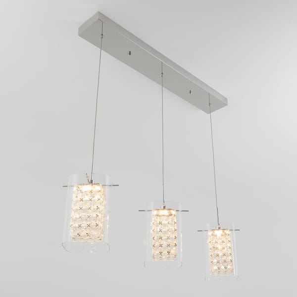 Crystal Cube 13-Watt 3 Light Chrome Modern Integrated LED Pendant Light Fixture for Dining Room or Kitchen