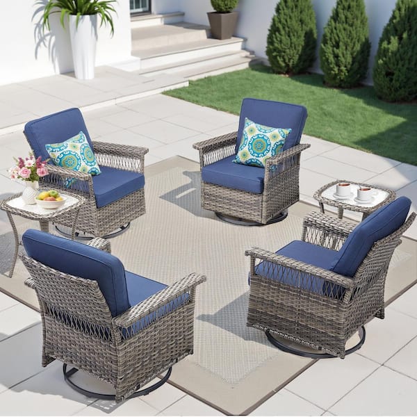 6-Piece Swivel Wicker Outdoor Lounge Chair Patio Rocking Chair Set with Blue Cushions