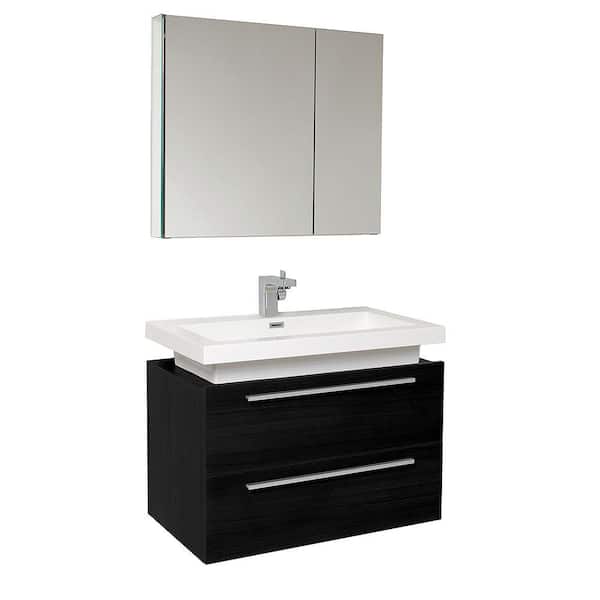 Fresca Medio 32 in. Vanity in Black with Acrylic Vanity Top in White with White Basin and Mirrored Medicine Cabinet