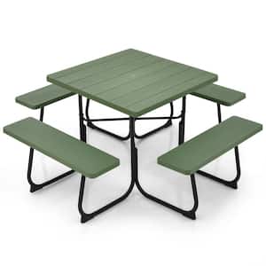67 in. Green Square Metal Outdoor Picnic Table with 4 Benches and Umbrella Hole